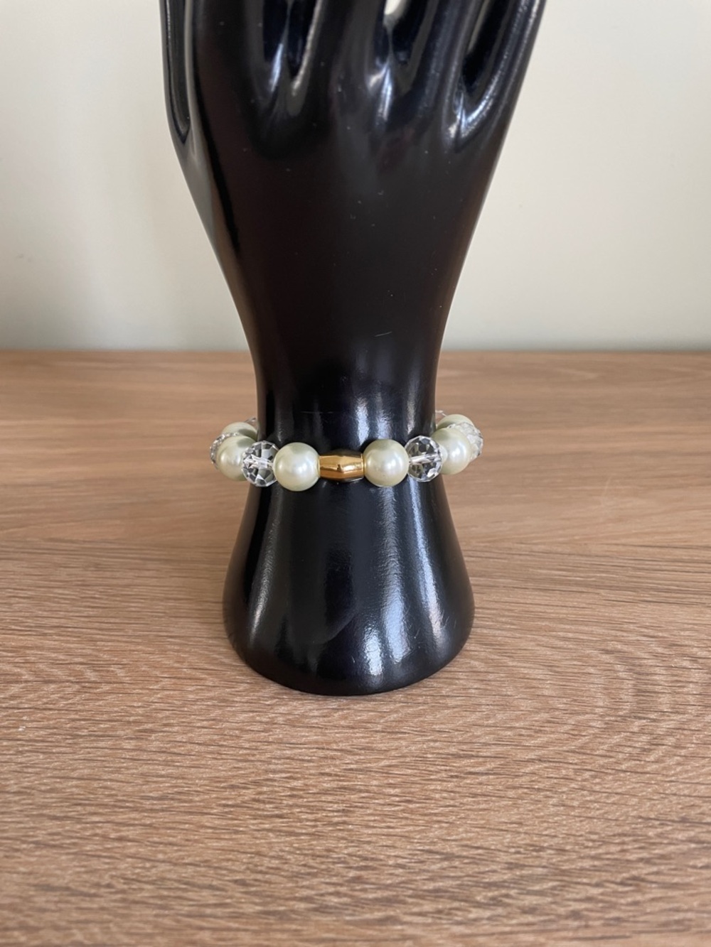 HAND CRAFTED FAUX PEARL & CLEAR CRYSTAL STRETCH BRACELET Cream Pearls Bridal - Picture 5 of 14